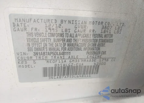 2013 Nissan Sentra Sl from USA, damaged, VIN 3N1AB7AP5DL648111